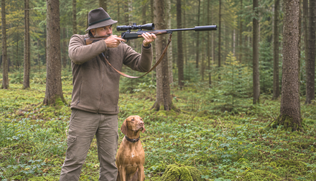 Jäger mit Jagdhund und Schalldämpfer in der jagdlichen Praxis