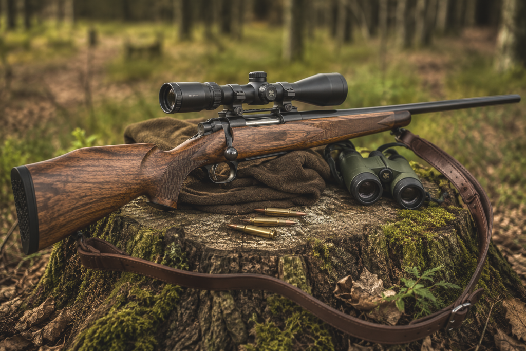 Jagdwaffe mit Zielfernrohr, Fernglas und Munition im Revier von Waffen-Kolb